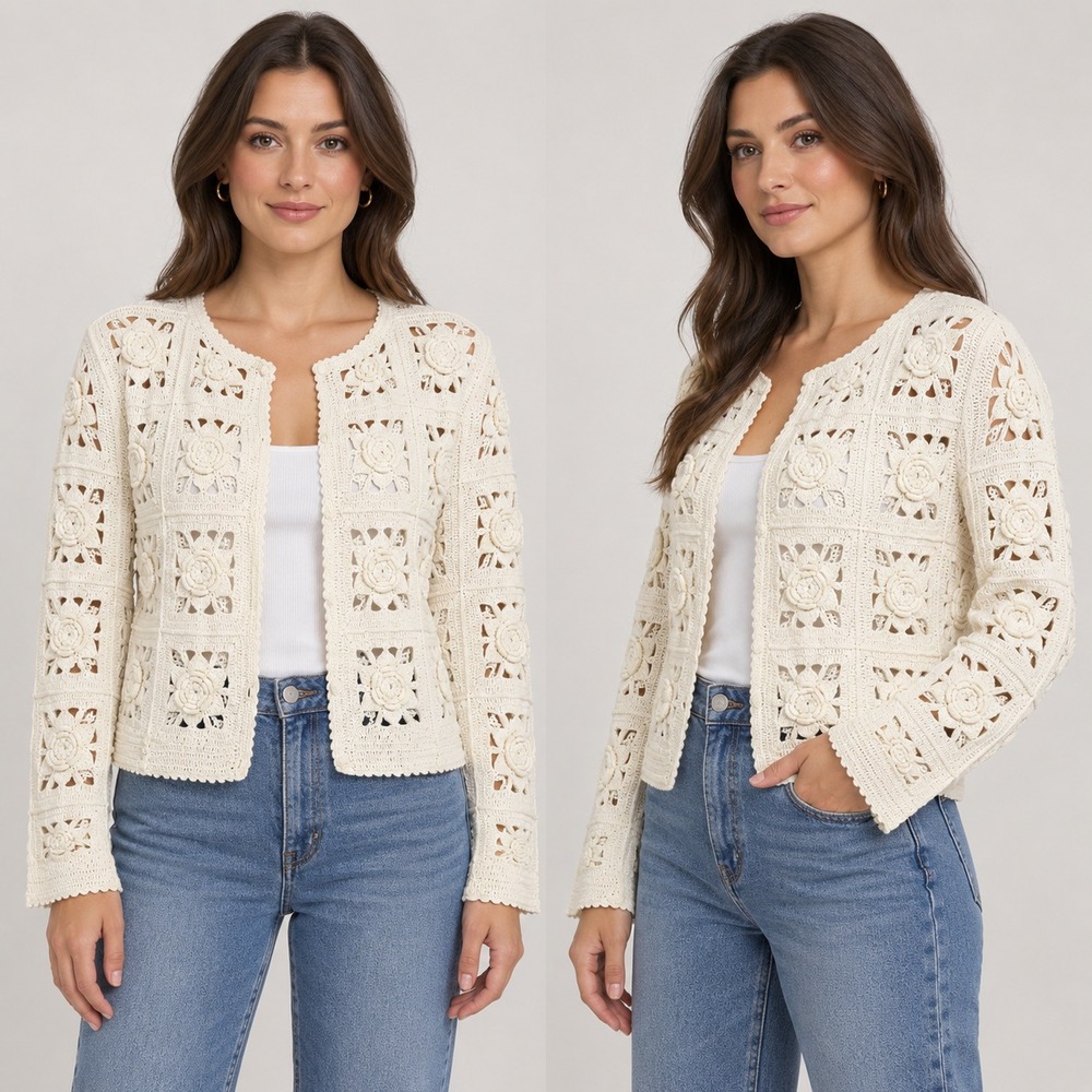 Vintage Express Women's Large Cardigan Ivory Floral Rose Granny Square Sweater